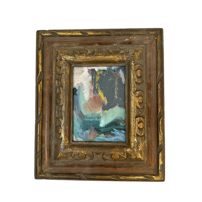 Framed abstract oil painting viewed at an angle, gilt carved wood frame