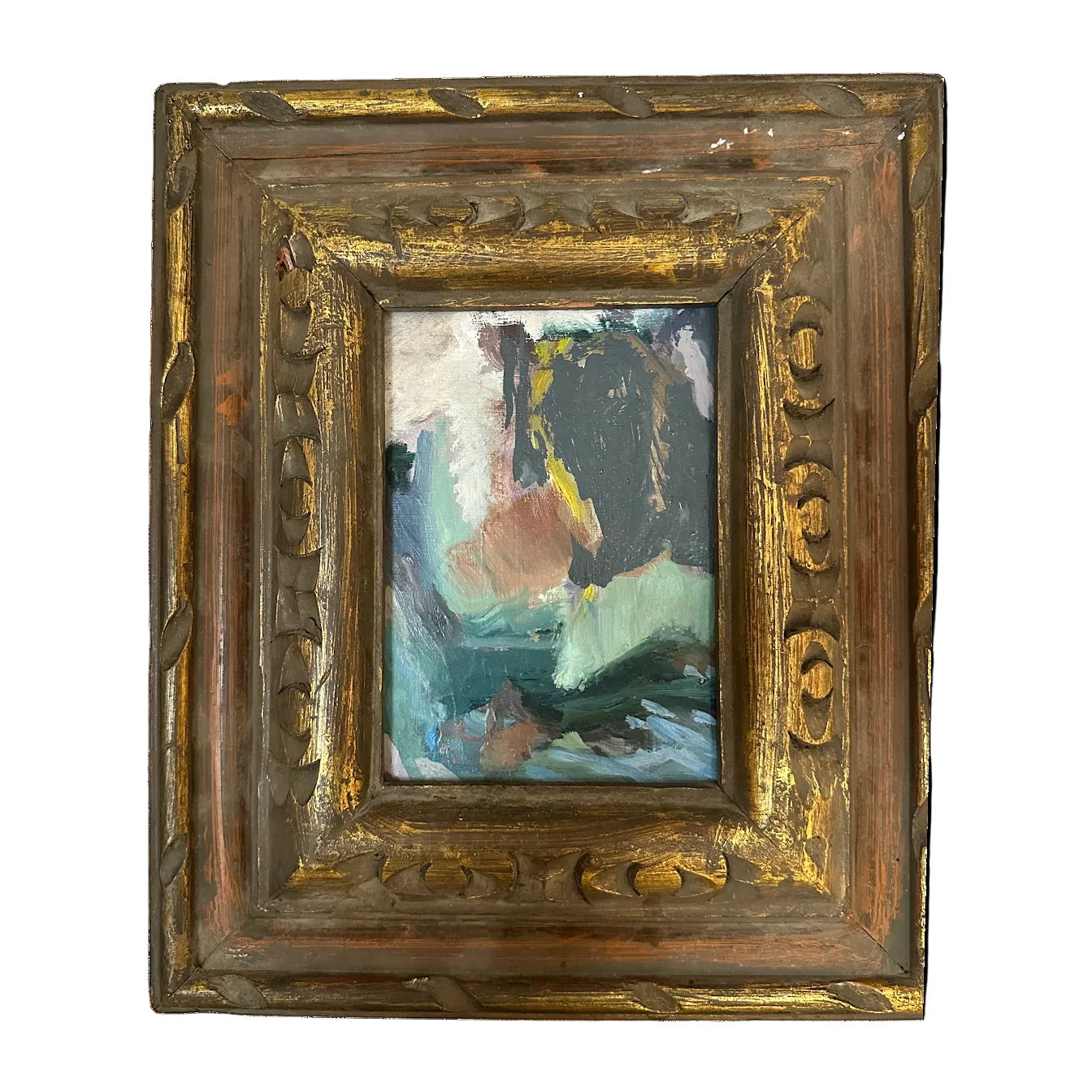 Abstract oil on board in a gilded carved frame, full piece at a slight angle