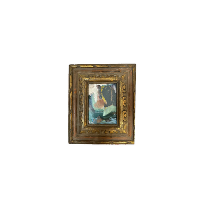 Small abstract oil painting in teal, pink and black set in a carved gilt vintage frame, front view