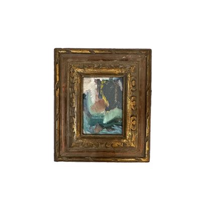 Abstract oil painting with bold teal and coral brushstrokes in a carved gilded wood frame