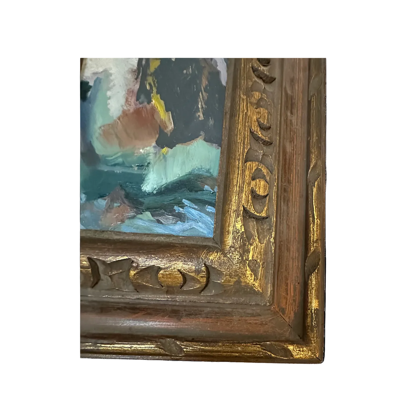 Close-up of the painting's lower corner showing thick oil brushwork and carved gilt frame