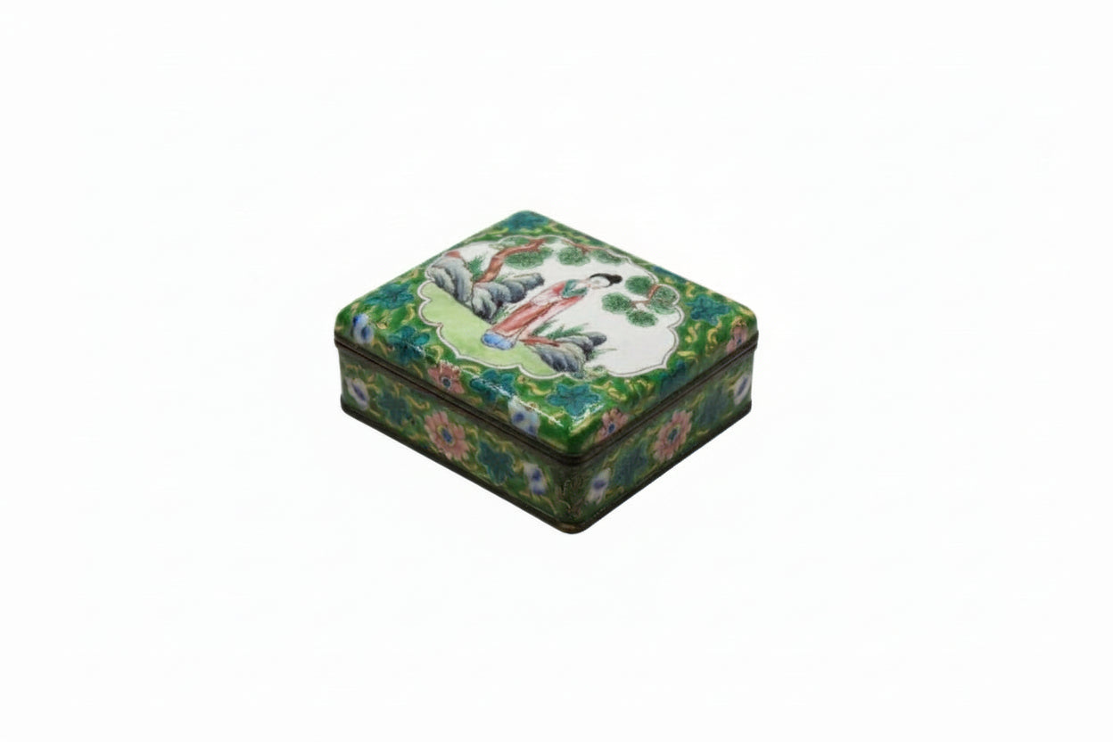 Vintage hand-painted enamel Chinese hinged box, lid showing a woman in a garden, floral green sides, three-quarter view