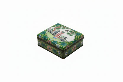 Vintage hand-painted enamel Chinese hinged box, lid showing a woman in a garden, floral green sides, three-quarter view