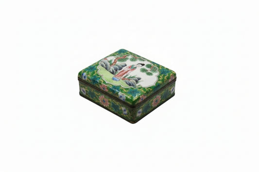 Vintage hand-painted enamel Chinese hinged box, lid showing a woman in a garden, floral green sides, three-quarter view