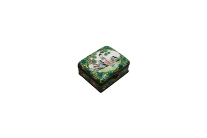 Vintage enamel Chinese hinged box, angled view of lid scene of a figure in a landscape