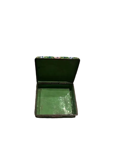 Vintage enamel hinged box shown open, raised lid revealing green enamel interior