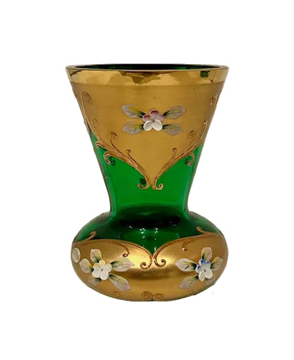 Emerald green Bohemian vase with gold gilt and raised enamel flowers, front view