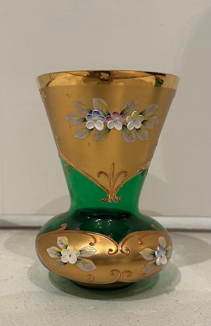 Bohemian vase showing a cluster of raised enamel flowers on the gold rim band