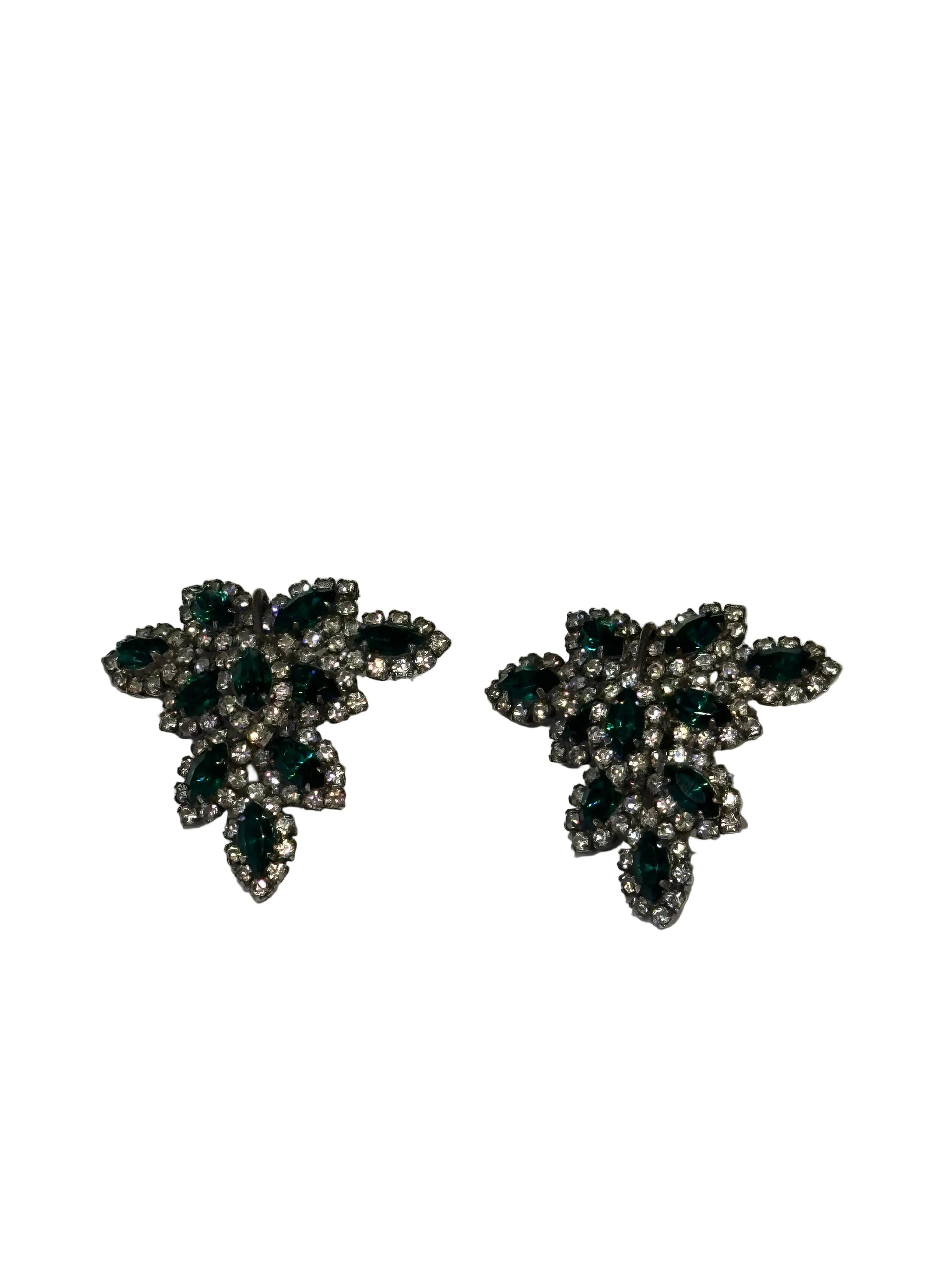 Vintage Les Bernard emerald and rhinestone leaf earrings, pair with sparkling facets.