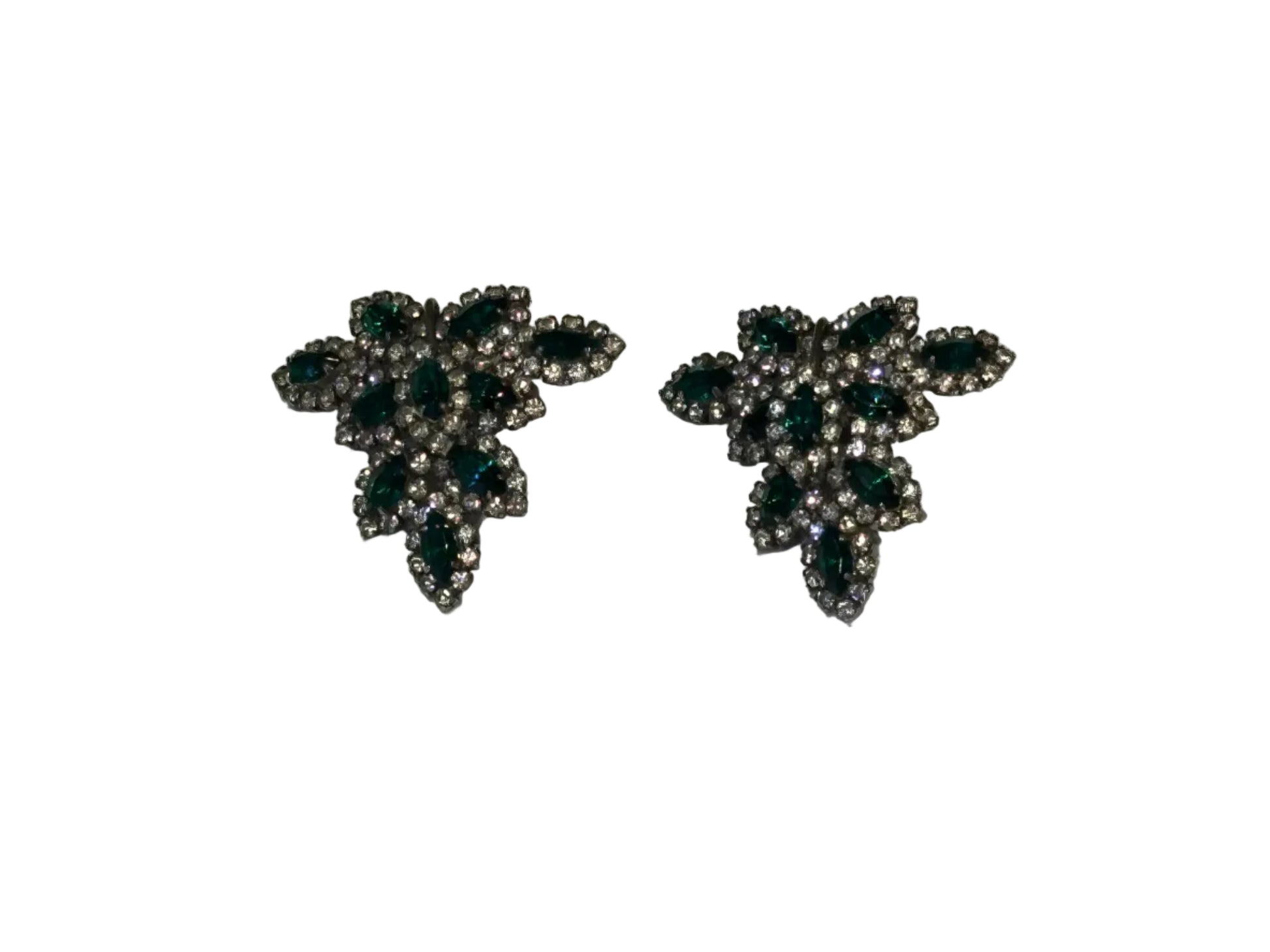 Vintage Les Bernard emerald and rhinestone leaf-cluster earrings, pair shown front-on.