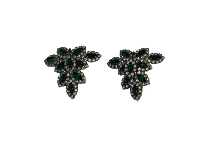 Vintage Les Bernard emerald and rhinestone leaf-cluster earrings, pair shown front-on.