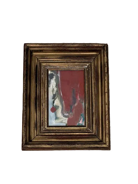 Framed abstract oil on board by J. Dunn with bold red, black and pale forms in an antique gilt frame