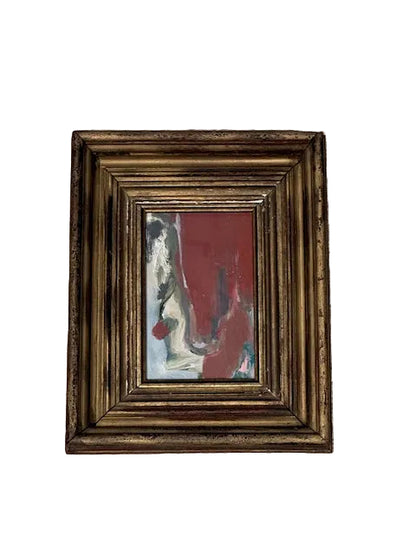 Framed abstract oil on board by J. Dunn with bold red, black and pale forms in an antique gilt frame