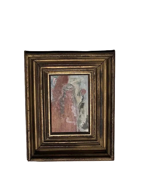 Abstract oil painting by J. Dunn in muted reds and grays, set in a distressed gold vintage frame
