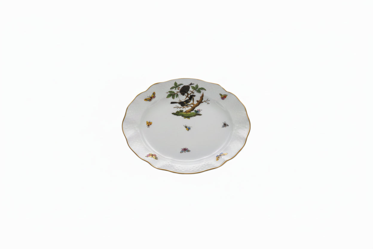 Top view of Herend Rothschild Bird plate with central perched bird and scattered insect motifs
