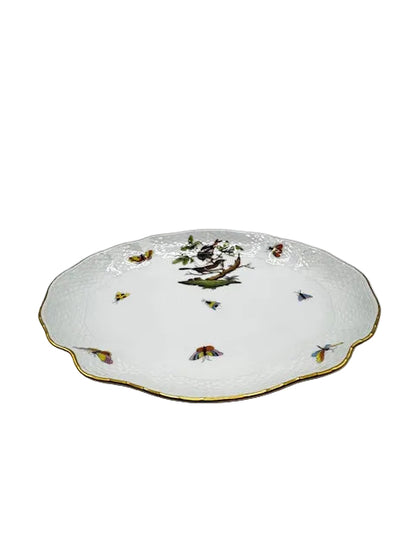 Herend Rothschild Bird porcelain plate, hand-painted bird and butterfly motifs with gold scalloped rim