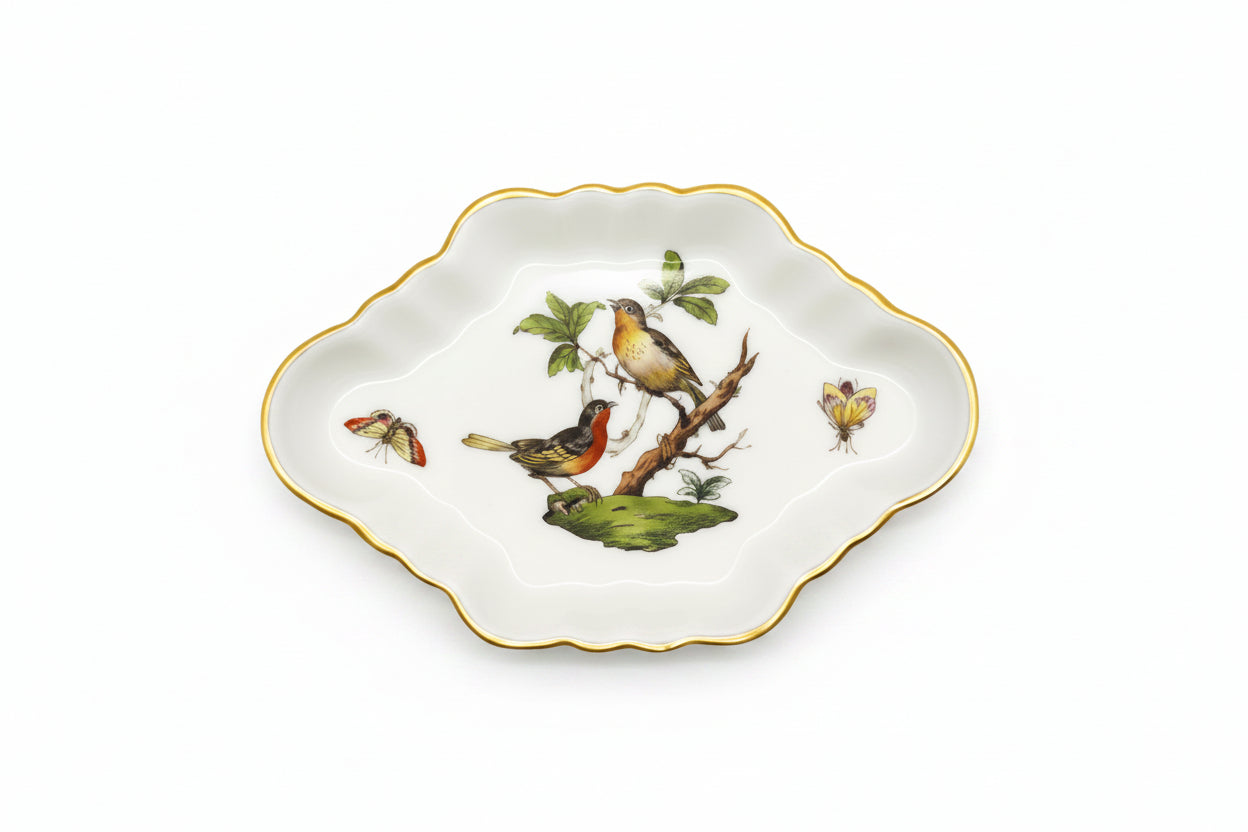 Herend Rothschild Bird oblong trinket dish, hand-painted birds, butterflies and gold rim