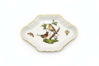 Herend Rothschild Bird oblong trinket dish, hand-painted birds, butterflies and gold rim