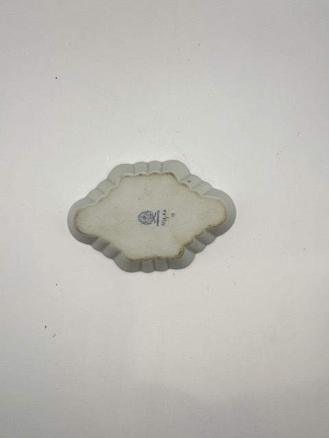 Underside of Herend oblong trinket dish showing blue Herend maker's mark