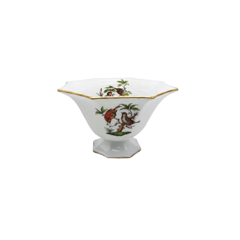 Herend Rothschild Bird octagonal footed bowl, hand-painted birds with gold rim