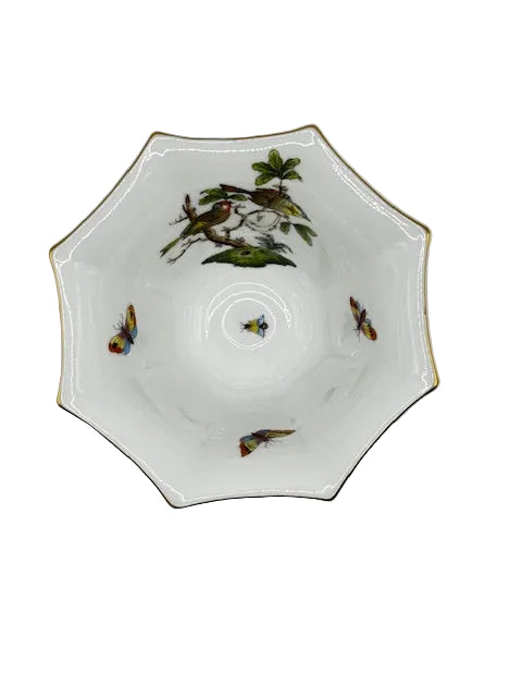 Interior of Herend Rothschild Bird octagonal bowl with central bird motif and scattered insects