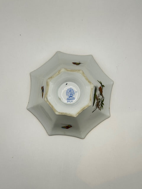 Underside of Herend octagonal footed bowl showing blue Herend maker's mark
