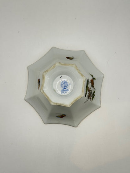 Underside of Herend octagonal footed bowl showing blue Herend maker's mark