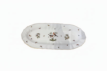 Herend Rothschild Bird oval platter with gold-trimmed scalloped edge and hand-painted bird motifs