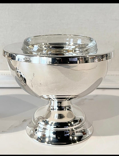 Vintage footed silver-plate caviar server with clear glass insert, front view