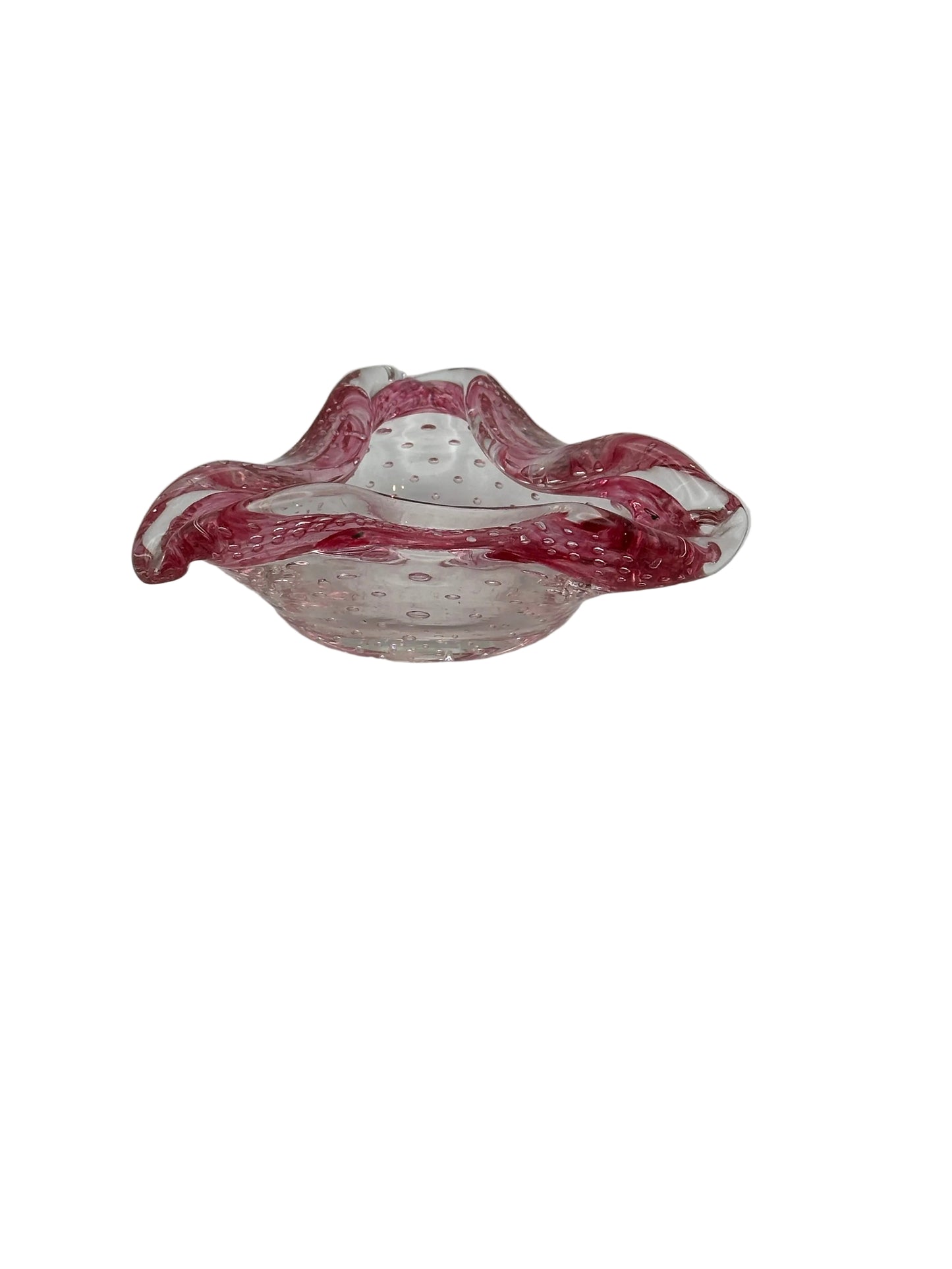 MCM Murano glass dish, side profile showing pink ruffled edges and clear base