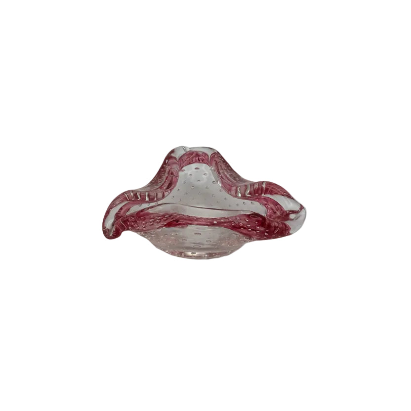 MCM Murano blown glass dish, clear body with pink controlled-bubble ruffled rim