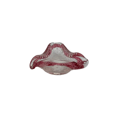 MCM Murano blown glass dish, clear body with pink controlled-bubble ruffled rim