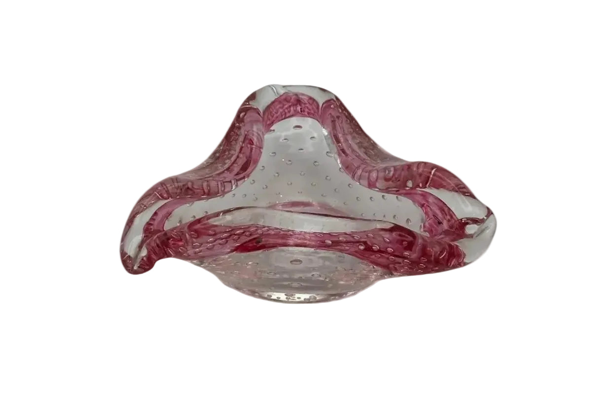 MCM Murano glass dish, front view of pink and clear ruffled form with controlled bubbles