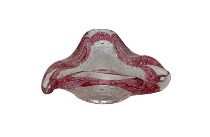 MCM Murano glass dish, front view of pink and clear ruffled form with controlled bubbles