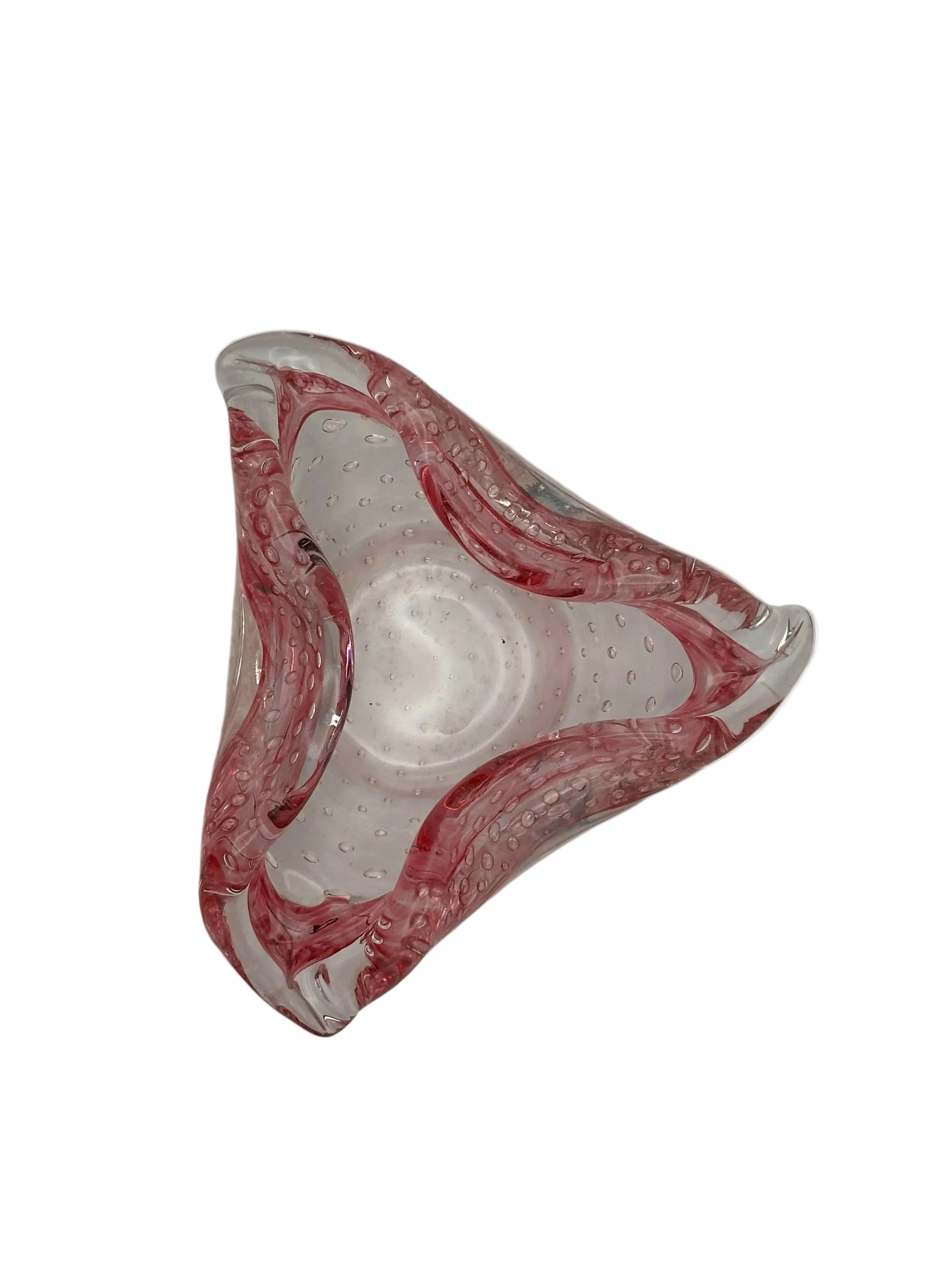 MCM Murano glass dish viewed from above, triangular pink and clear bubbled form