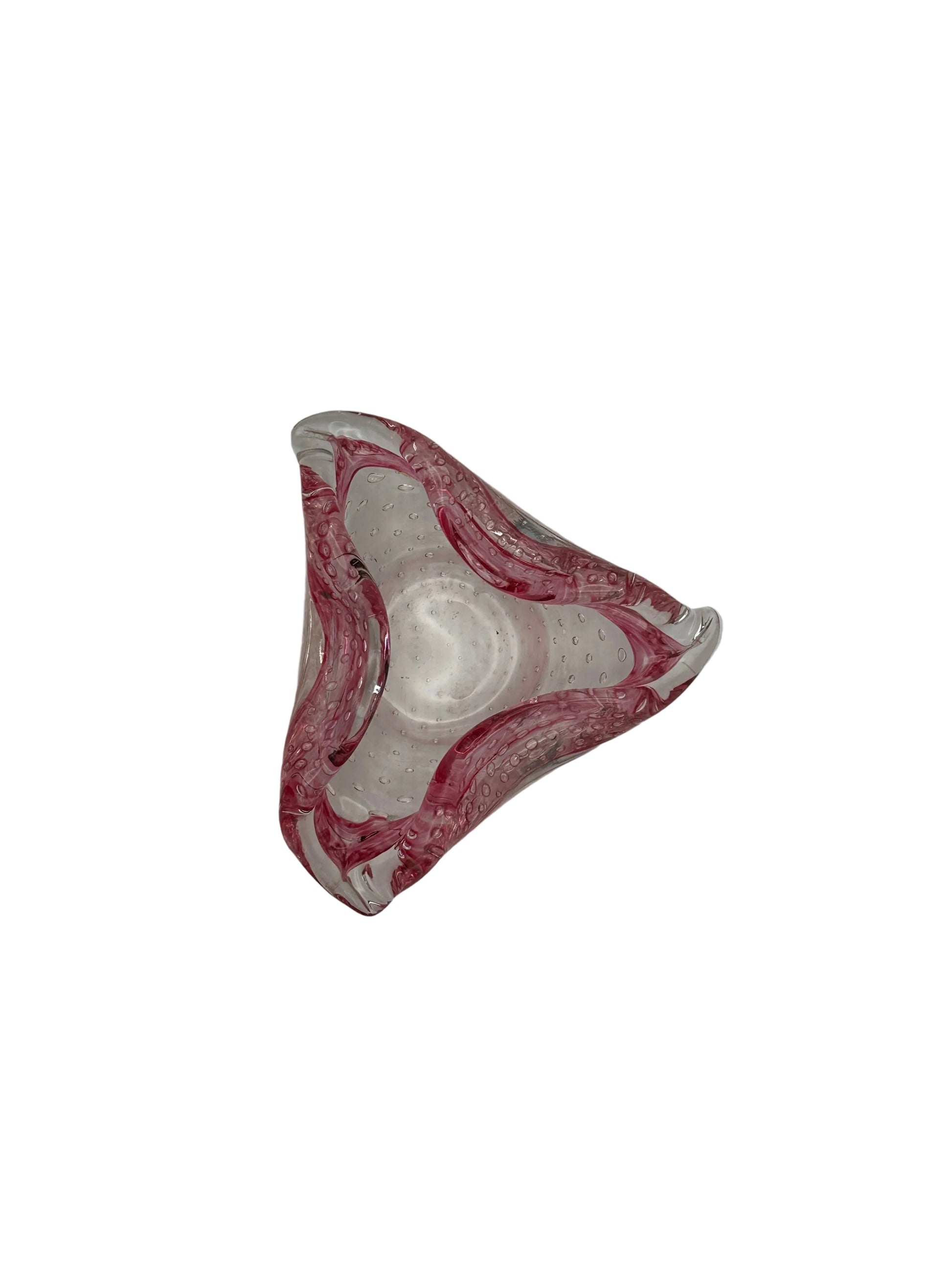 MCM Murano glass dish, angled top view of pink ruffled rim and bubble pattern