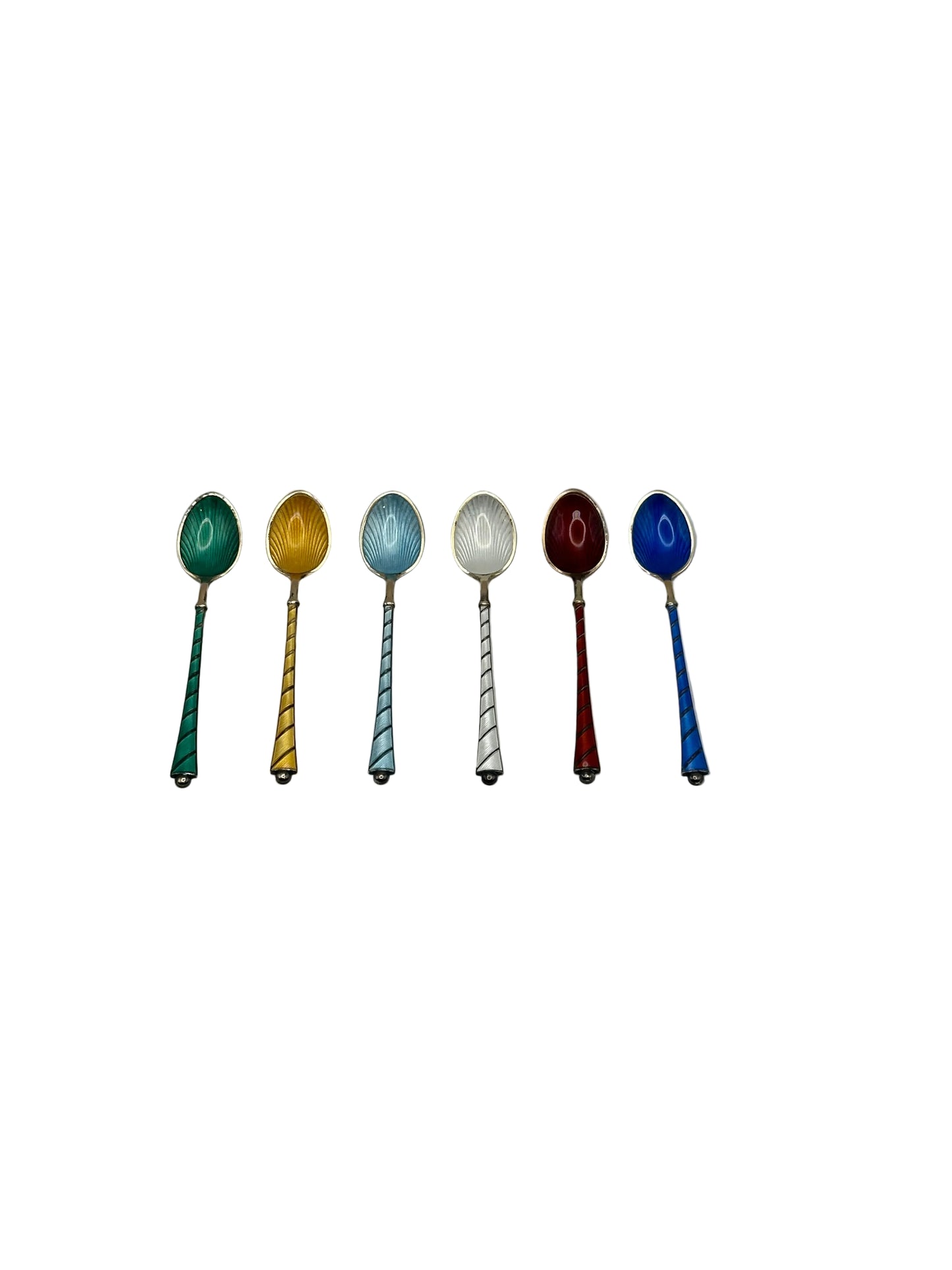 Six sterling demitasse spoons in a row, guilloché enamel bowls in green, yellow, blue, white and red, twisted handles.