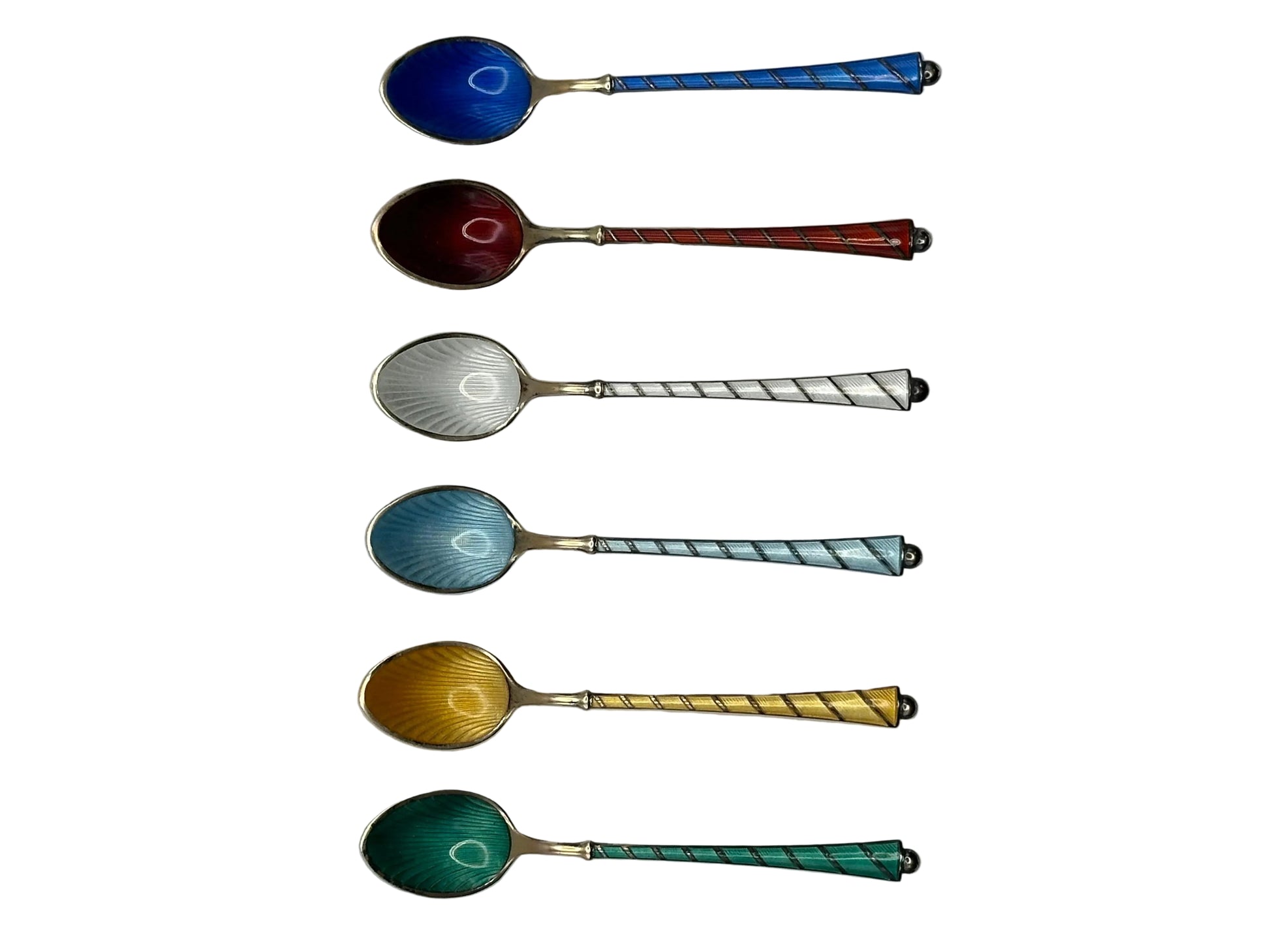 Six Ela of Denmark enamel demitasse spoons shown horizontally, twisted handles, bowls in blue, red, white, teal, yellow.