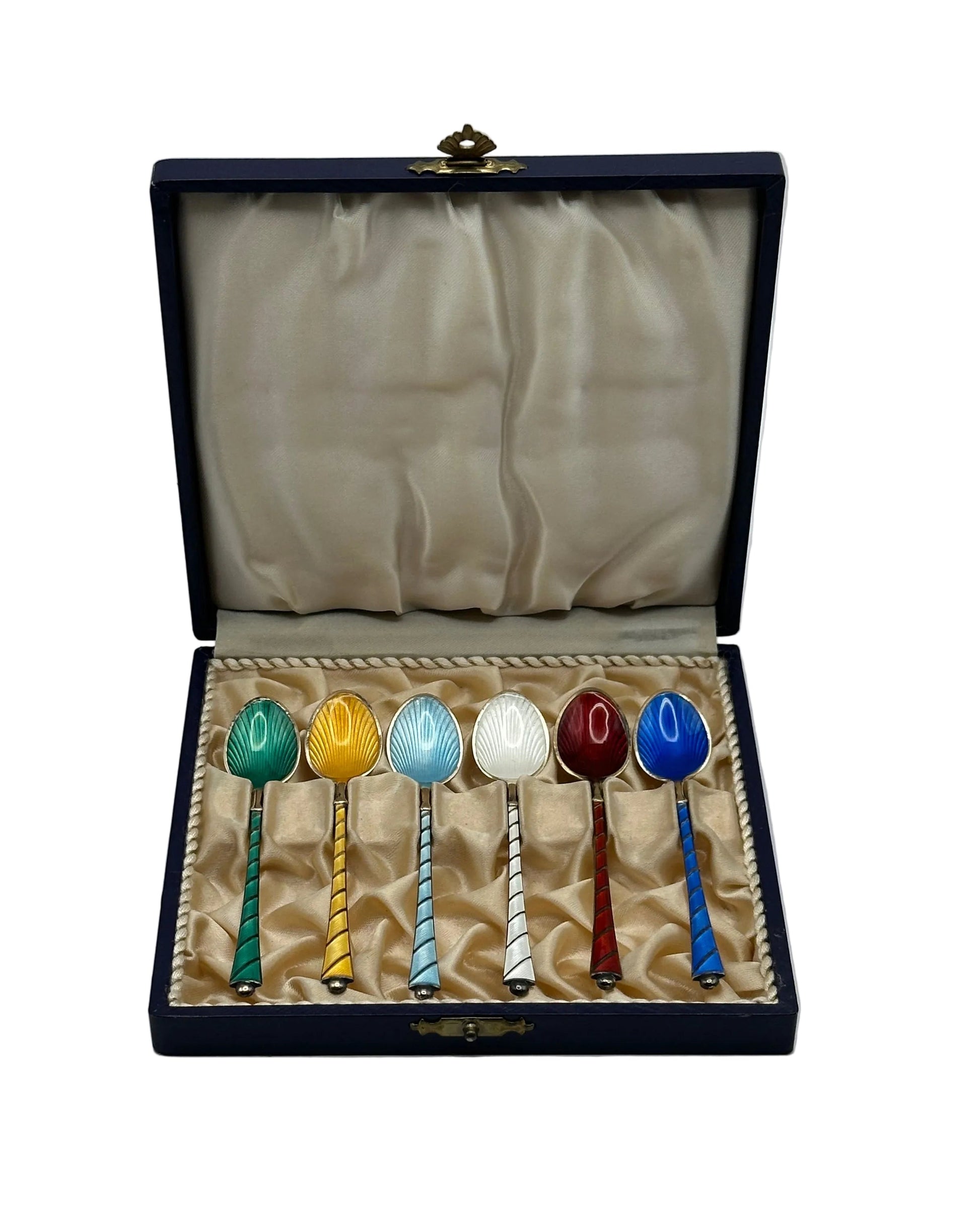 Ela of Denmark demitasse spoon set of 6 in navy box, guilloché enamel bowls in green, yellow, blue, white and red.