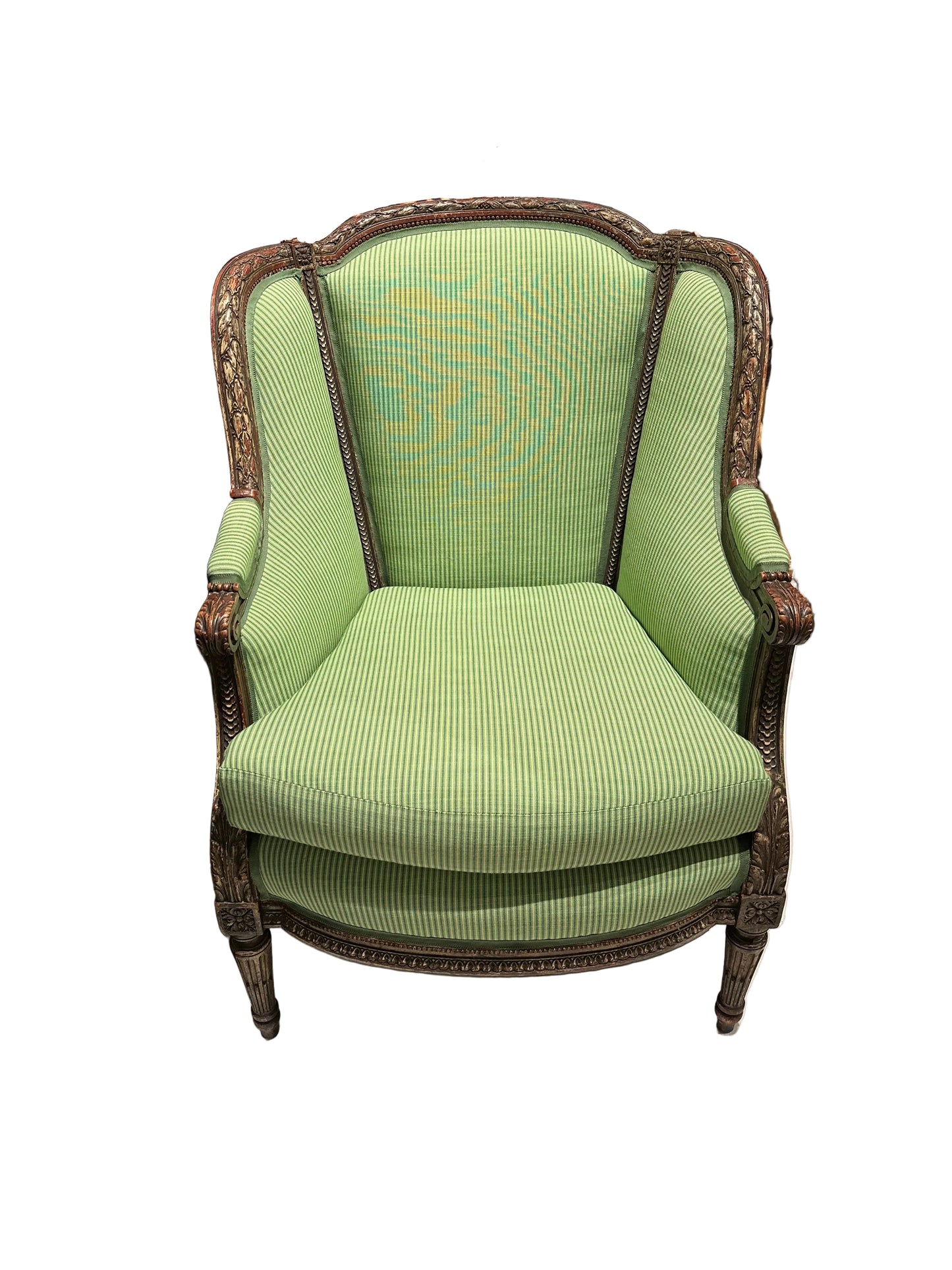 Louis XV style bergere chair in green stripe upholstery with carved frame, front view