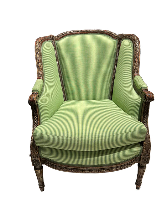 Antique French Louis XV Style Bergere Arm Chair, Newly Upholstered, Green Stripe
