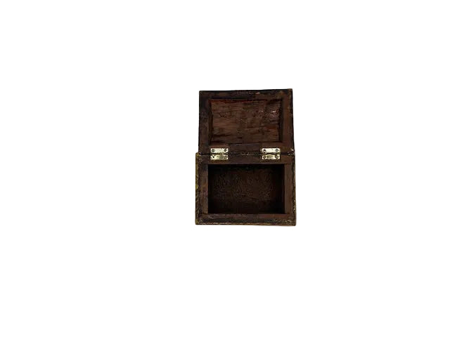 Open gilt carved wood box revealing dark wood interior and brass hinges.