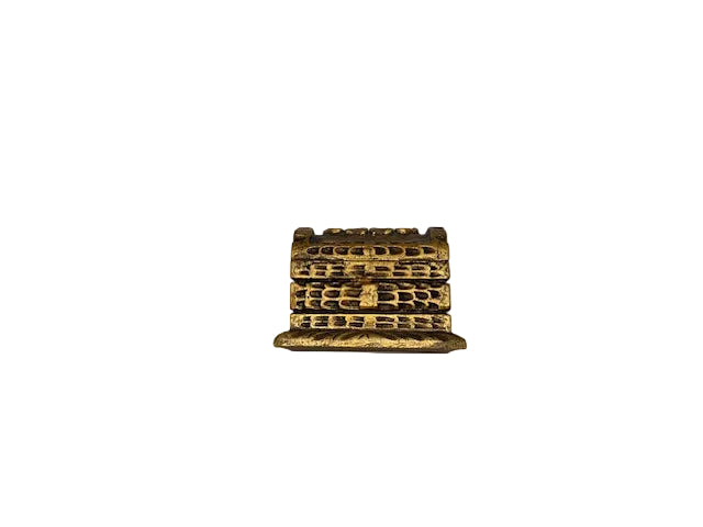 Gilt carved lattice wood box, distant front view on a white background.