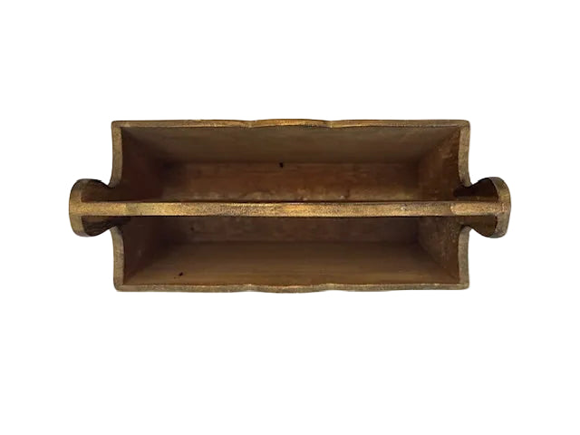 Florentine letter holder seen from above, two divided slots with worn cream and gilt finish