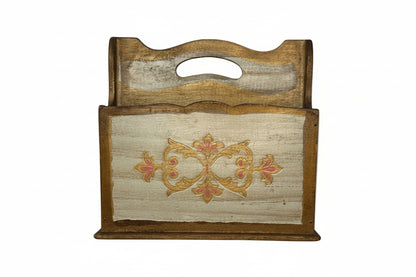 Gilded Florentine wood letter holder, front panel with pink and gold scrollwork and carved handle top