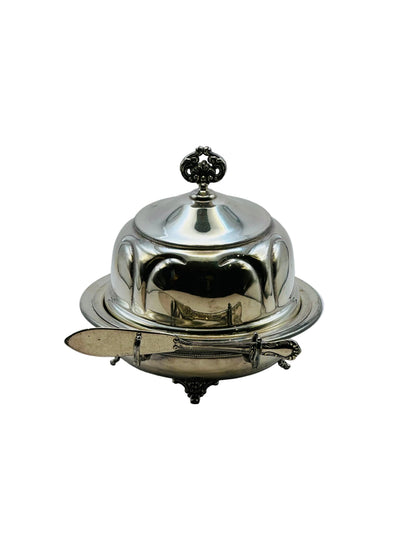 Silverplate domed caviar dish with ornate finial and matching spreader on footed base