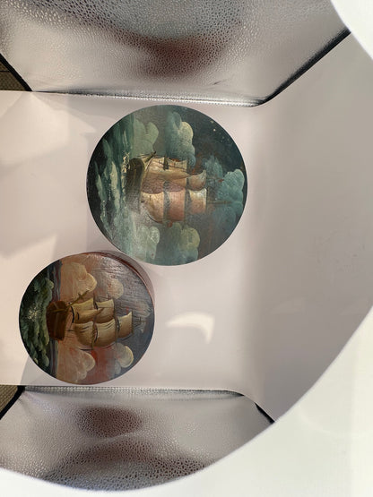 Three nesting box lids painted with tall ships at sea