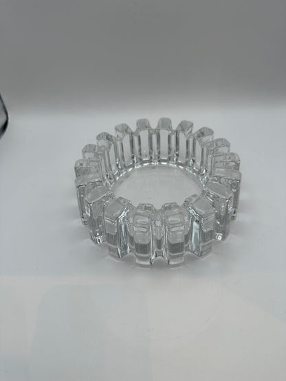 MCM notched clear glass dish, angled view showing thick faceted ribbed sides