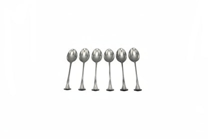 Six silverplate demitasse spoons arranged in a row, bowls up, showing scrolled fan-shaped handle ends