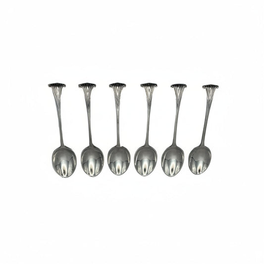 Set of six antique silverplate demitasse spoons with fanned scroll-shell handle terminals, oval bowls, displayed in a row